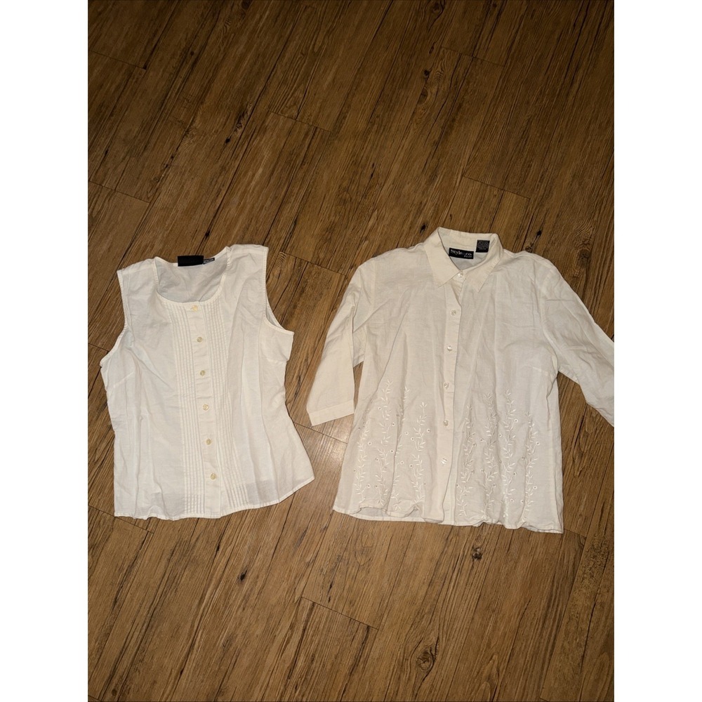 Style & Co Blouse Lot Of 2 Womens Petite Size 8P White Embroidered Cotton Linen